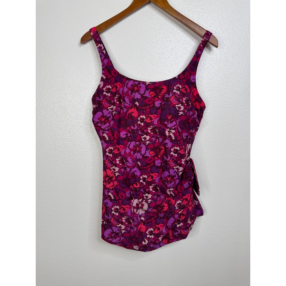 LL Bean Floral One Piece Swimsuit Purple Pink Wrap Front Size 16 REG 281668